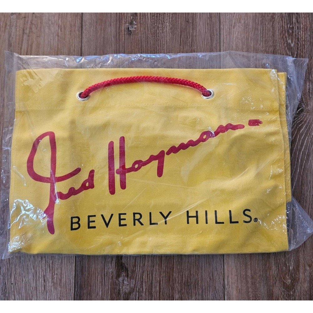 Fred Hayman Beverly Hills Yellow Canvas Tote Bag Red Rope Handle NIP Vintage